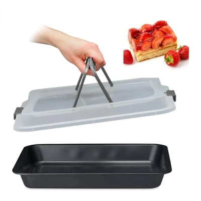 Imagen de Relaxdays Bandeja de Horno con Tapa, Portatartas 3 en 1, 40,5x32,5cm, Molde Hornear, Cubierta Transporte, Gris