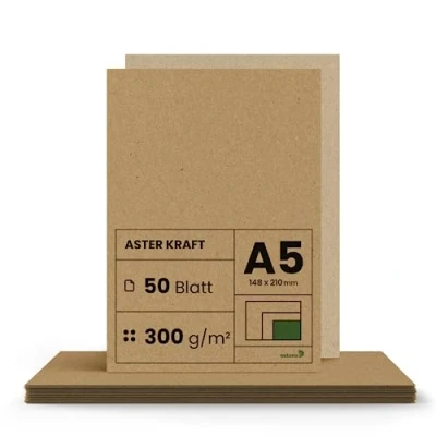 Imagen de Netuno 50x cartulina Kraft marrón DIN A5 148x210mm 300g Aster papel reciclado cartón natural ecológico para invitaciones tarjetas cajas menús bocetos impresión Navidad carteles folletos