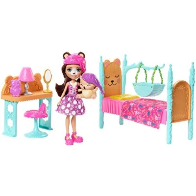 Imagen de Enchantimals Bren Bear con mascota Snore en dormitorio mágico, muñeca accesorios (Mattel FRH46)