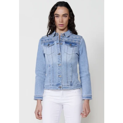Imagen de Koroshi Chaqueta denim con detalles bordado para mujer color azul, de AZUL MED, Talla XXL