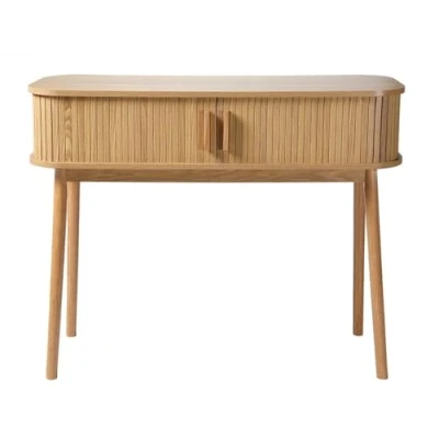 Imagen de Calicosy Consola de 2 puertas correderas Fachada ranurada Decoraciones roble Paneles partículas Patas pino Asas madera Entrada, Pasillo, Salón Estilo natural 100 x 35
