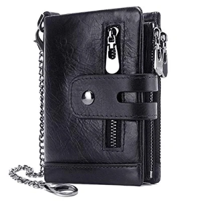 Imagen de REETEE Cartera Hombre Monedero de Cuero con RFID Bloqueo Billetera Piel y Cremallera, Billeteras Bifold Hombres 16 Ranuras para Tarjetas Carteras Cadena (Negro)