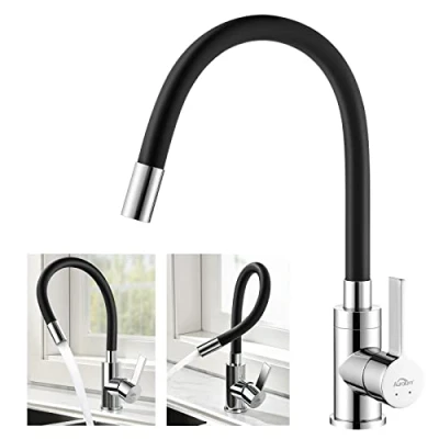 Imagen de Auralum Grifo de Cocina Flexible, Grifos Fregadero con Giro 360, Negro Caño Flexible y Alto, Monomando Mezclador
