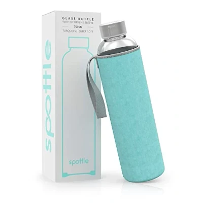 Imagen de Spottle botella de vidrio con tapa neopreno 500ml, 750ml o 1l protectora y tapón rosca agua para deporte, niños bebidas carbonatadas apta el lavavajillas