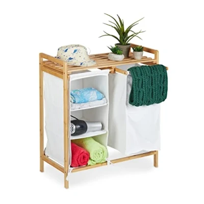 Imagen de Relaxdays Estantería con Cesto Ropa Sucia, Armazón Bambú, Estantes y Saco Tela, 73,5 x 64,5 33 cm, Natural Beige