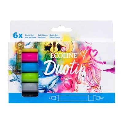 Imagen de Set De 6 Rotuladores Ecoline Duotip Talens Doble Punta Una Fina Y Biselada Colores Básicos