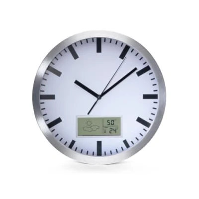 Imagen de Perel Reloj de pared, redondo, analógico, 25 cm, pantalla LCD con termómetro, higrómetro y disposiciones meteorológicas, aluminio, plata