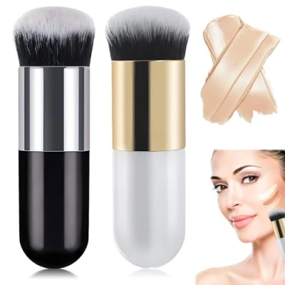 Imagen de Brocha de Maquillaje Profesional, Cepillo Base Cerdas Suave Redonda Grande, Pinceles Fundación Herramienta Cosmética, Sonrojo Polvo Aplicador BB Crema(2 piezas)