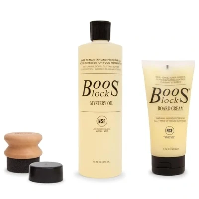 Imagen de Boos Block Set de Cuidado para Tabla Cortar Mystery Oil (473 ml) + Board Cream (148 Applicator Cera Aceite Tablas Oleo Mineral Alimentario