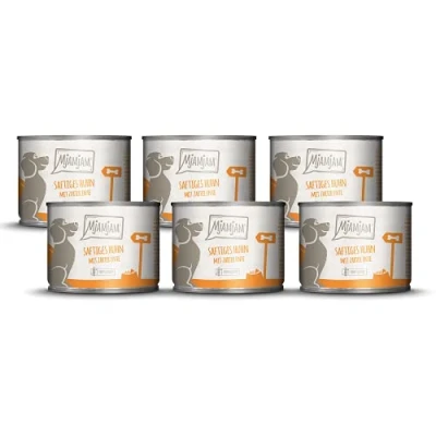 Imagen de MjAMjAM comida húmeda premium para perros Pollo jugoso con tierno pato sobre zanahorias y mijo cocido, pack de 6 (6 x 200 g), natural extra carne