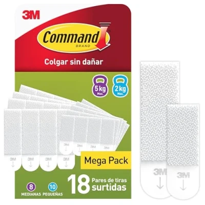 Imagen de Command Tiras Adhesivas Para Colgar Cuadros, Pack Ahorro de 10 x 2 Pequeñas y 8 Medianas en Blanco Marcos, Espejos otros Adornos Sin Agujeros Taladrar