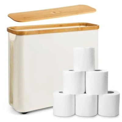 Imagen de LUOJINYI Portarrollos Papel Higienico, Cesta Porta Rollos de Soporte Higienico con Tapa, Toilet Paper Holder Capacidad para 12 higiénico, Beige