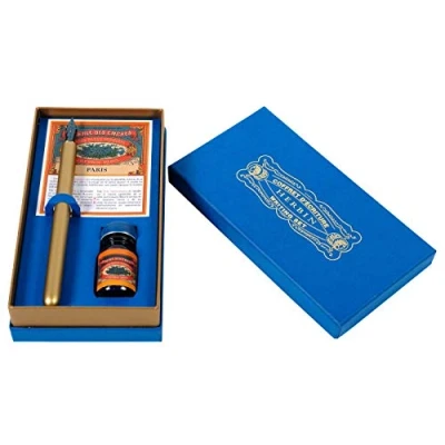 Imagen de Clairefontaine ES Jacques Herbin 27278T Estuche de escritura con un portaplumas dorado, una pluma Steno y botella tinta 10 ml, color azul