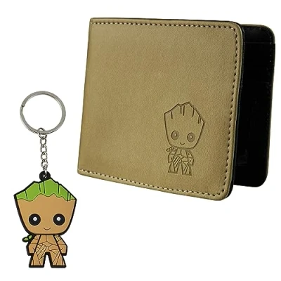 Imagen de Marvel Cartera de Dibujos para Hombres y Adolescentes Monedero Chico con Diseño Groot Incluye Llavero (Beige Groot)
