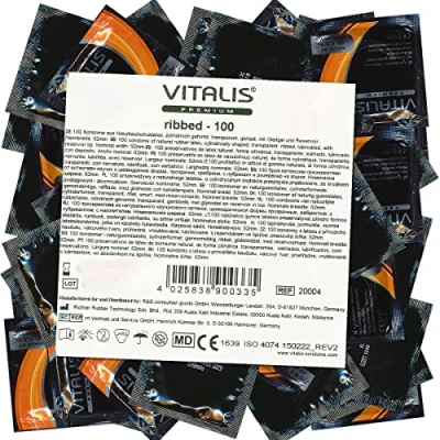 Imagen de 100 Premium Condoms Vitalis Ribbed Condones de canalé para momentos especiales