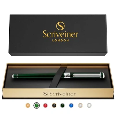 Imagen de Scriveiner Bolígrafo Roller Verde Lujoso Muy Oscuro, Acabado Cromado, Recambio de Tinta Schmidt, Mejor Set Regalo Empresa para Hombre y Mujer, Profesional, Oficina Ejecutiva