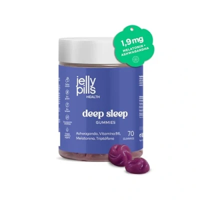 Imagen de Jelly Pills® Gominolas de Melatonina 1,9 mg, Ashwagandha, Triptófano y Vitamina B6 B12 Sin Azúcares Añadidos 70 Gummies Veganas sabor Frutos del Bosque Anti Stress Dormir Bien