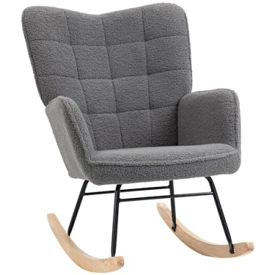 Imagen de HOMCOM Mecedora de Borreguito Silla con Patas Madera Haya y Marco Acero para Lactancia Carga 120 kg Dormitorio Salón Gris Oscuro
