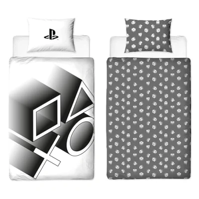 Imagen de Character World Playstation Juego de Funda edredón para Cama Individual, diseño elástico Reversible 2 Caras, Incluye Almohada a Juego, Individual en Blanco y Negro,