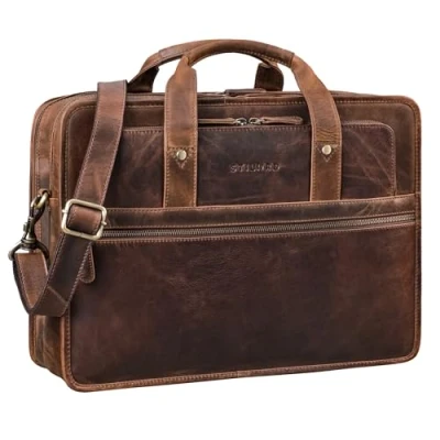 Imagen de STILORD &#039;Yves&#039; Maletín Hombre de Cuero para Portatil 15.6 Pulgadas XL Bolso Bandolera Profesor Piel Vaca, Color:Soria marrón