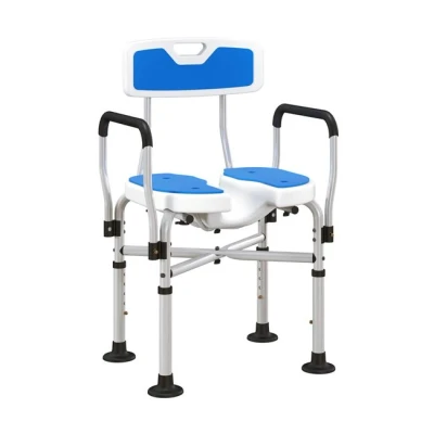 Imagen de HOMCOM Silla Ducha Personas Mayores de con Asiento Ranurado Altura Regulable Taburete Antideslizante Respaldo y Reposabrazos Carga 136 kg para Discapacitados Azul