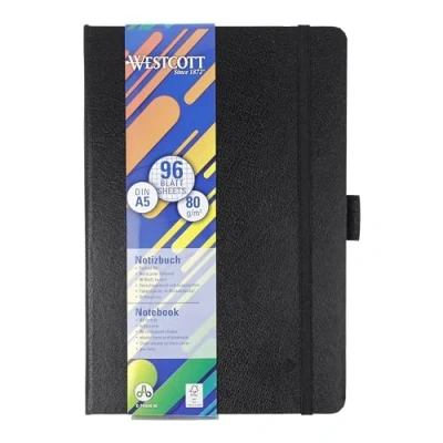 Imagen de Westcott Cuaderno DIN A5 cuadriculado 192 páginas en una elegante tapa dura 80 g/m² de papel sostenible FSC mix con bolsillo interior, marcapáginas y portabolígrafos E 744836 00