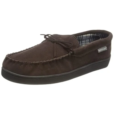 Imagen de Dunlop Pantuflas de piel oveja sintética gamuza para hombre con forro polar felpa Espuma viscoelástica Suela goma Casa dormitorio interior, marrón oscuro, 43 EU