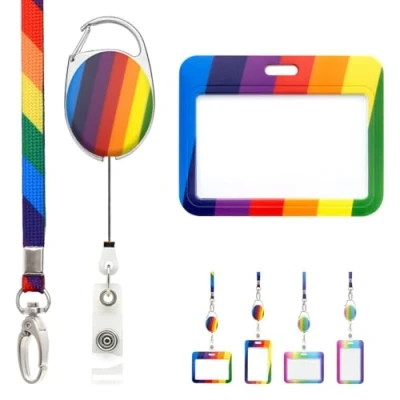 Imagen de LanyardsTomorrow cordón retráctil arcoíris con soporte deslizante para insignias y clip extensible. El juego incluye a juego, de carrete Yoyo, colorido tarjetas