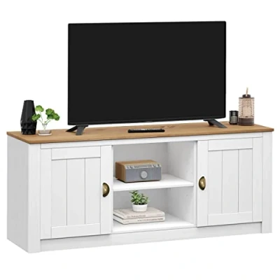 Imagen de IDIMEX mueble bajo para TV Bolton de madera maciza pino, banco en estilo rústico con 2 puertas y tiradores conchas, lacada blanco/marrón