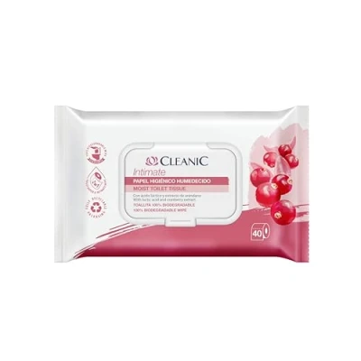 Imagen de Cleanic Intimate papel Higiénico húmedo desechable 40 unidades combina y toallitas. Limpia la zona íntima con extracto de arándano prebiótico.
