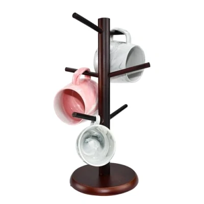 Imagen de ADERTOS Soporte para Tazas de Madera, Árbol Taza Café con 6 Ganchos, Estante Café, Portavasos bambúpara Cafeterías Cocinas Color Nogal