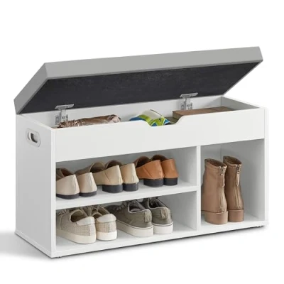 Imagen de VASAGLE Banco Zapatero con Cojín, de Almacenamiento, 3 Compartimentos, Almacenamiento Oculto, Estantes, para Sala Estar, Pasillo, Dormitorio, Carga 150 kg, Blanco Nube y Gris Paloma LHS030W01