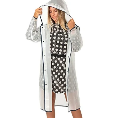 Imagen de PERLETTI Chubasquero Hombre Mujer Ligero y Reutilizable Impermeable Resistente al Agua Ropa de Detalles Reflectantes Capucha Botones (S, Transparente con Borde Azul)