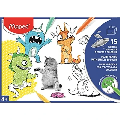 Imagen de Maped 15 papeles mágicos para colorear Formato A4 (21 x 29,7 cm) Bolsa reutilizable de ilustraciones diferentes Ocio creativo, 831228
