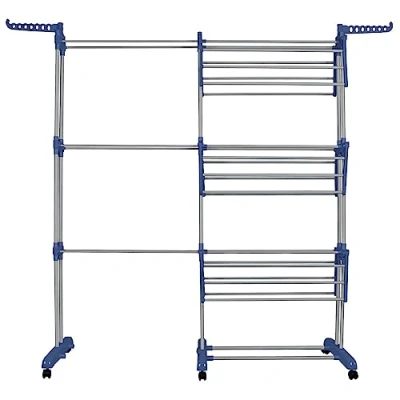 Imagen de Tendedero de Ropa Plegable Vertical,Tendedero Tipo Torre Tres Estante con Cuatro Ruedas, Espacio Secado, Capacidad para 15 KG (75 142,5 * 64 170cm Azul+Gris)