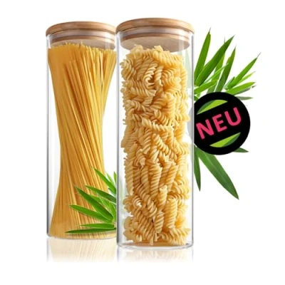 Imagen de Robin Goods® 2x Tarros de almacenamiento con tapa bambú 1800ml para alimentos hechos vidrio borosilicato reforzado herméticos tarro redondo reutilizable 1.8L (02 piezas 1800ml)