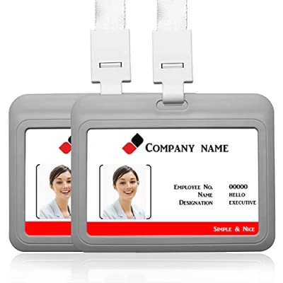 Imagen de 2PCS Horizontal ID Card Badge Holder con correa para el cuello de la etiqueta del nombre titular tarjeta estudiante trabajo identificación (gris)