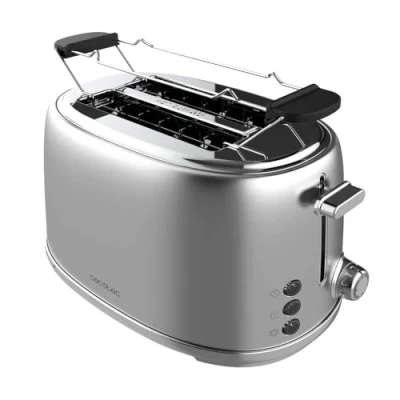 Imagen de Cecotec Tostadora 2 Rebanadas Toast&amp;Taste 1000 Retro Double Inox. 980 W, Ranuras Anchas de 3,8 cm y Cortas, Acero Inoxidable, Varillas Superiores, Potencia Regulable, Bandeja recogemigas