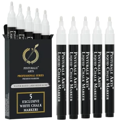 Imagen de Pinturale Arts Rotuladores Tiza Liquida Blancos Set 5 Cristal Borrable Punta 2mm Para Ventanas, Pizarra, Borrado Fácil En Seco