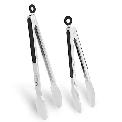 Imagen de WINPOST Juego de pinzas cocina acero inoxidable 2 a 27 cm y 34 cm, mango antideslizante resistente al calor, ideal para cocinar, ensalada, parrilla barbacoa (27 + negro)