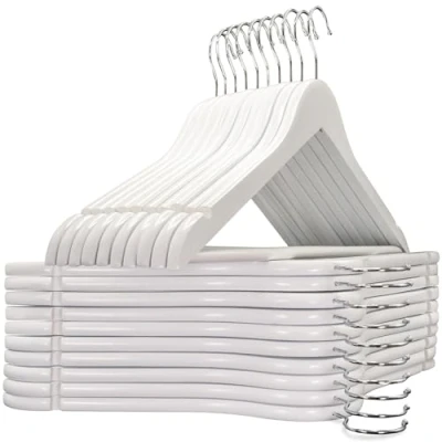 Imagen de edihome, Perchas Madera, Pack de 20, Acabado Liso y Barnizado, para Organizar Ropa, Gancho Giratorio 360, Ranuras Hombros, Madera Maciza (Blanco, 20 Unidades)