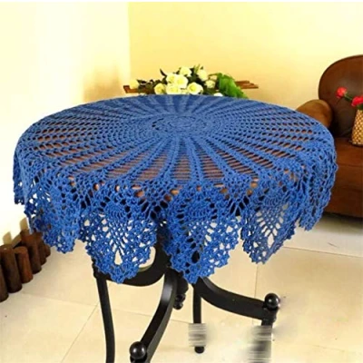 Imagen de NC AMIPOS Manteles Redondos de algodón Hechos a Mano Encaje Ganchillo, 90 cm, Color Azul