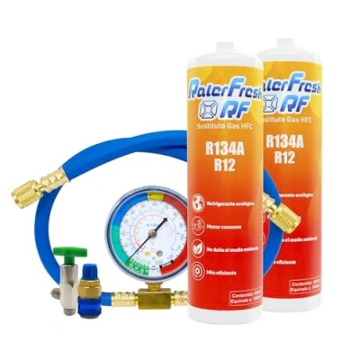 Imagen de Gas Refrigerante Organico para Aire Acondicionado Coche Ralerfresh RF equivalente a 1000gr sustituto de los gases R134a y R12 (2 Botellas + Manometro con manguera 1 Conector)