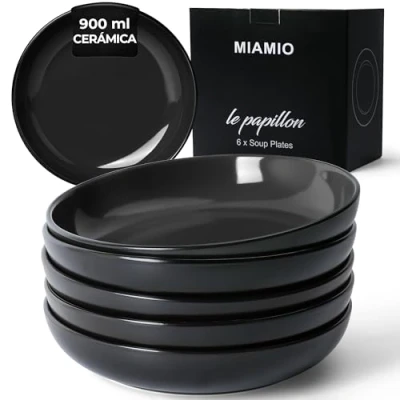 Imagen de MIAMIO Juego de 6 platos hondos 900 ml / 22 cm para pasta/ensalada, cuencos pasta anchos y poco profundos, plato hondo grande cerámica Colección Le Papillon (Negro)