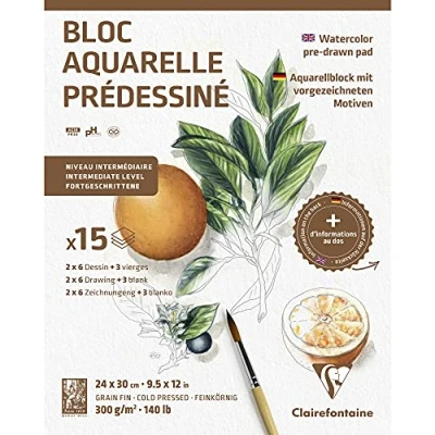 Imagen de Clairefontaine 975726C Bloc pre dibujado de 15 hojas (2 x 6 diseños), 24 30 cm, 300 g, botánico