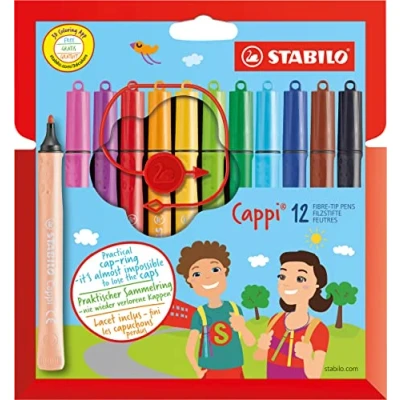 Imagen de Rotulador escolar con sujeción triangular STABILO Cappi Estuche 12 colores Incluye anilla para no perder los tapones