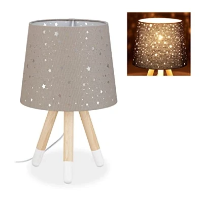 Imagen de Relaxdays Lámpara de Mesa Infantil, niñas, E14, Redonda, 40 cm, Estrellas, Gris