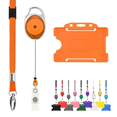 Imagen de cordón retráctil y soporte para insignias, paquete triple de LanyardsTomorrow. El juego incluye un solo liso, mosquetón extensible rígido tarjetas identificación (naranja)