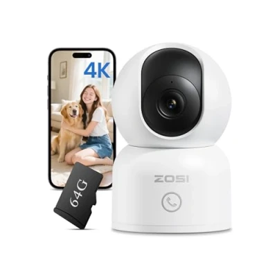 Imagen de ZOSI 4K C518 Cámara Vigilancia Seguridad WiFi Interior para Bebé/Mascota, Detección y Seguimiento de Movimiento, Vista 360, Audio Bidireccional, 2.4G/5G WiFi, 64GB Tarjeta Incluida