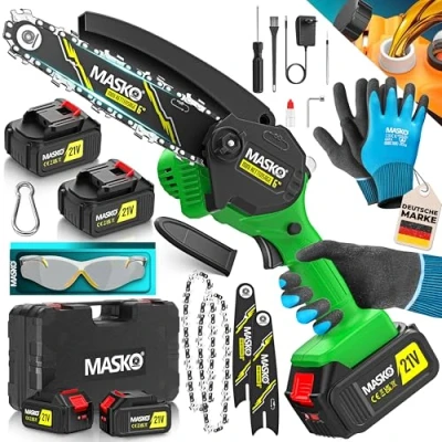 Imagen de MASKO® Mini Motosierra con batería 8000mAh, 2 Baterías 4000mAh para Tijeras de podar/corte Madera, 800W, Sistema engrase Automático, incl. Extensión, Negro/Verde, 6 Pulgadas